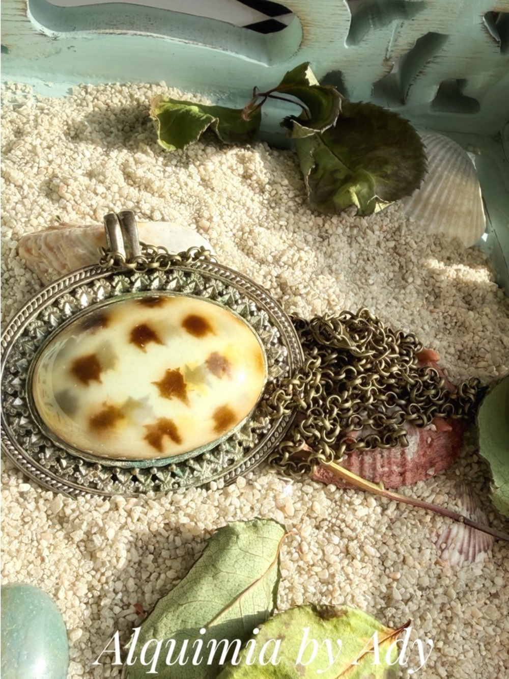 BRUTALIST Cream and Brown Oval Cabochon Pendant Necklace | X-LONG PATINA CHAIN